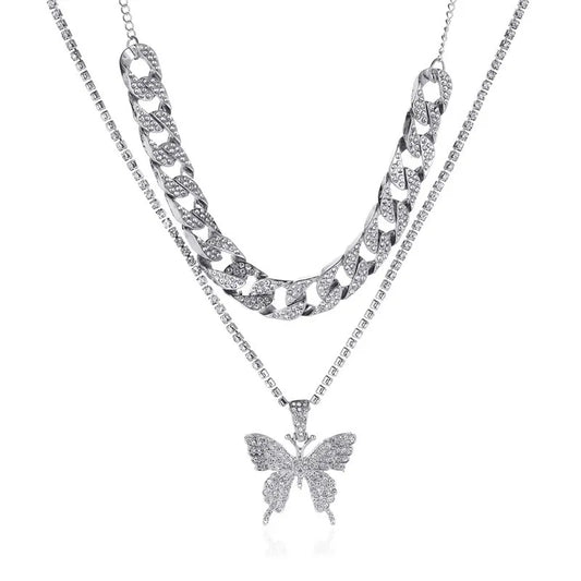 Butterfly Tennis Necklace +Cuban necklace Set